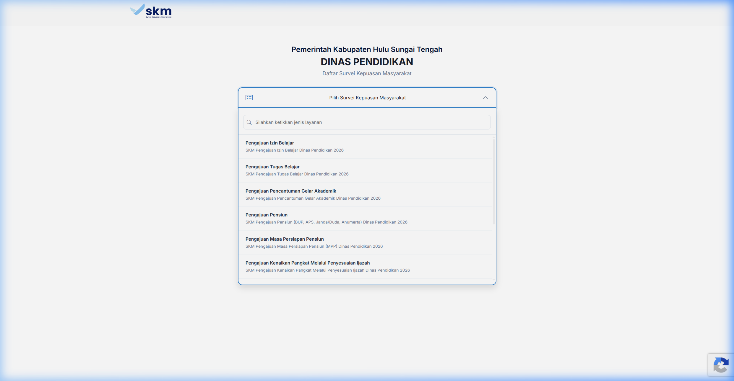 Tampilan dropdown pemilihan jenis layanan survei SKM